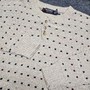 Scandia Mens Vintage Henley Crewneck Sweater Knitted Grandpa USA Large Geometric